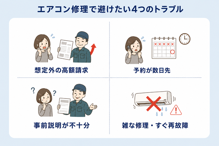 エアコン修理で避けたい4つのトラブル｜想定外の高額請求・予約が数日先・事前説明が不十分・雑な修理やすぐ再故障