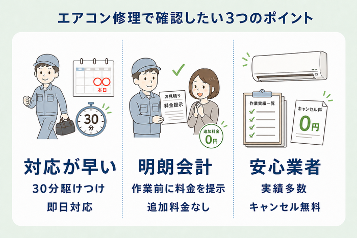 エアコン修理で確認したい3つのポイント｜30分駆けつけ・即日対応、作業前の料金提示・追加料金なし、実績多数・キャンセル無料